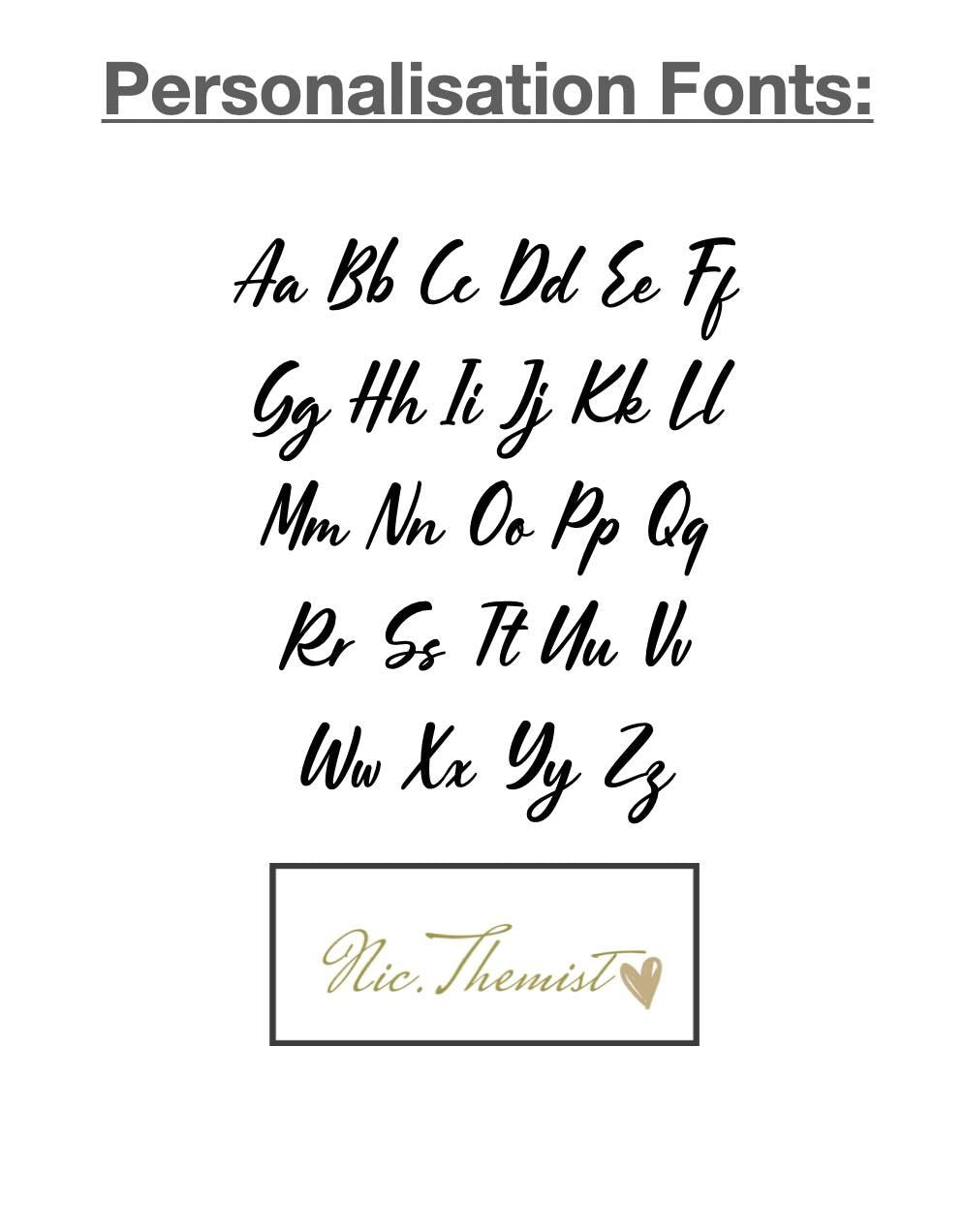 Gold vinyl lettering font used for personalising resin Christmas ornaments, showing style for names and custom messages.