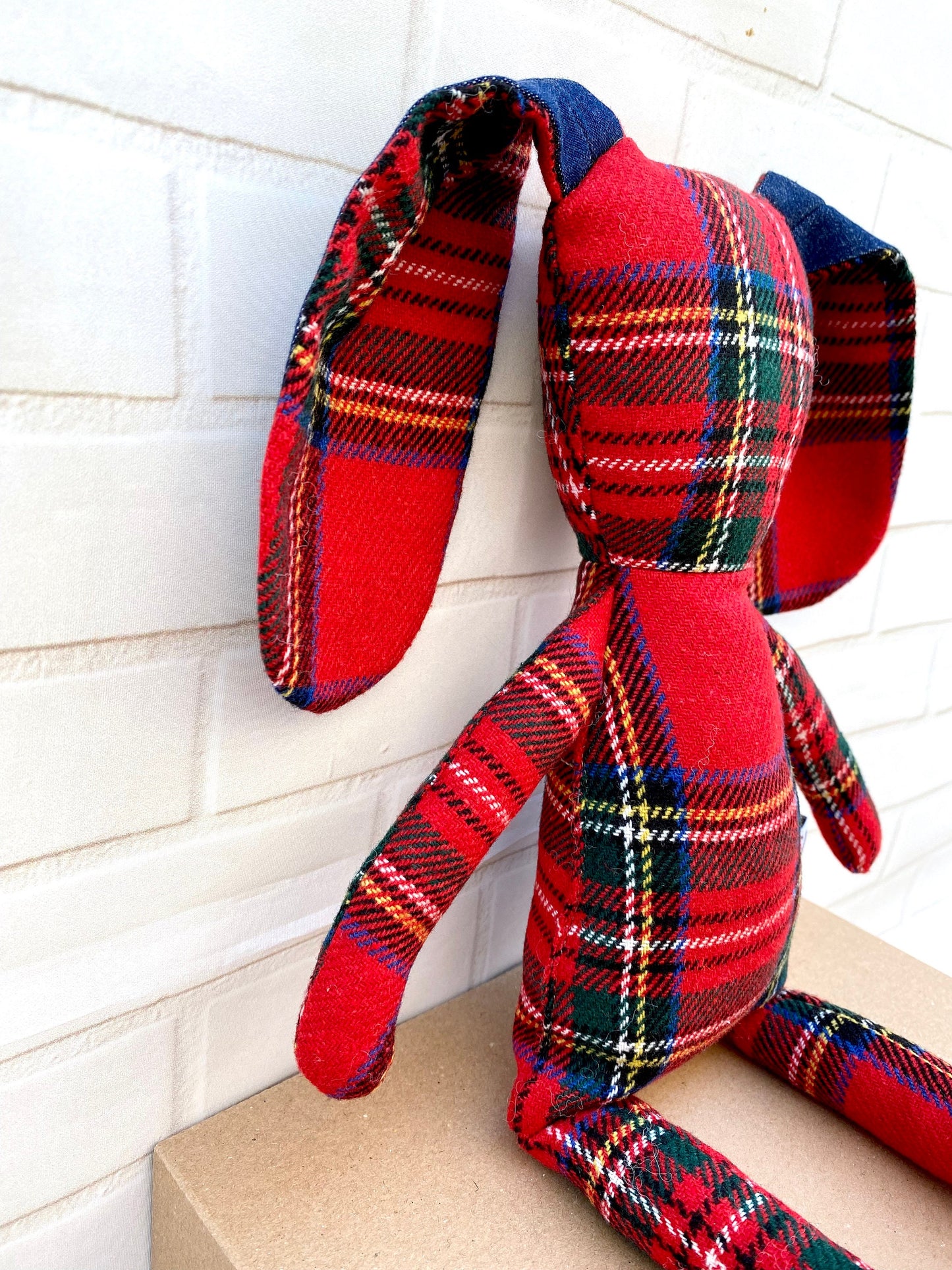 Large Red Handmade Bunny – 43 cm checkered wool plush, one-of-a-kind Christmas décor, displayed from an angle for size and detail.