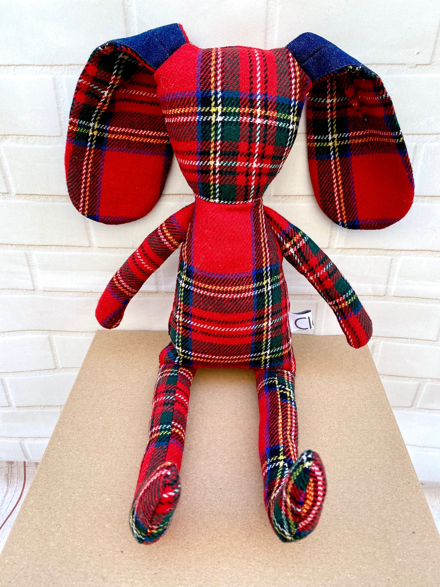 Large Red Handmade Bunny – 43 cm checkered wool plush, front view showing festive Christmas décor, perfect for mantel or under the tree.