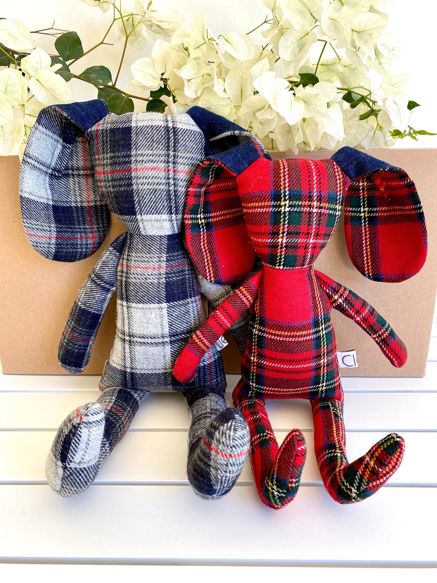 Large Red Handmade Bunny – 43 cm checkered wool plush, displayed with grey bunny for reference (sold out), festive Christmas décor for mantel or under the tree.
