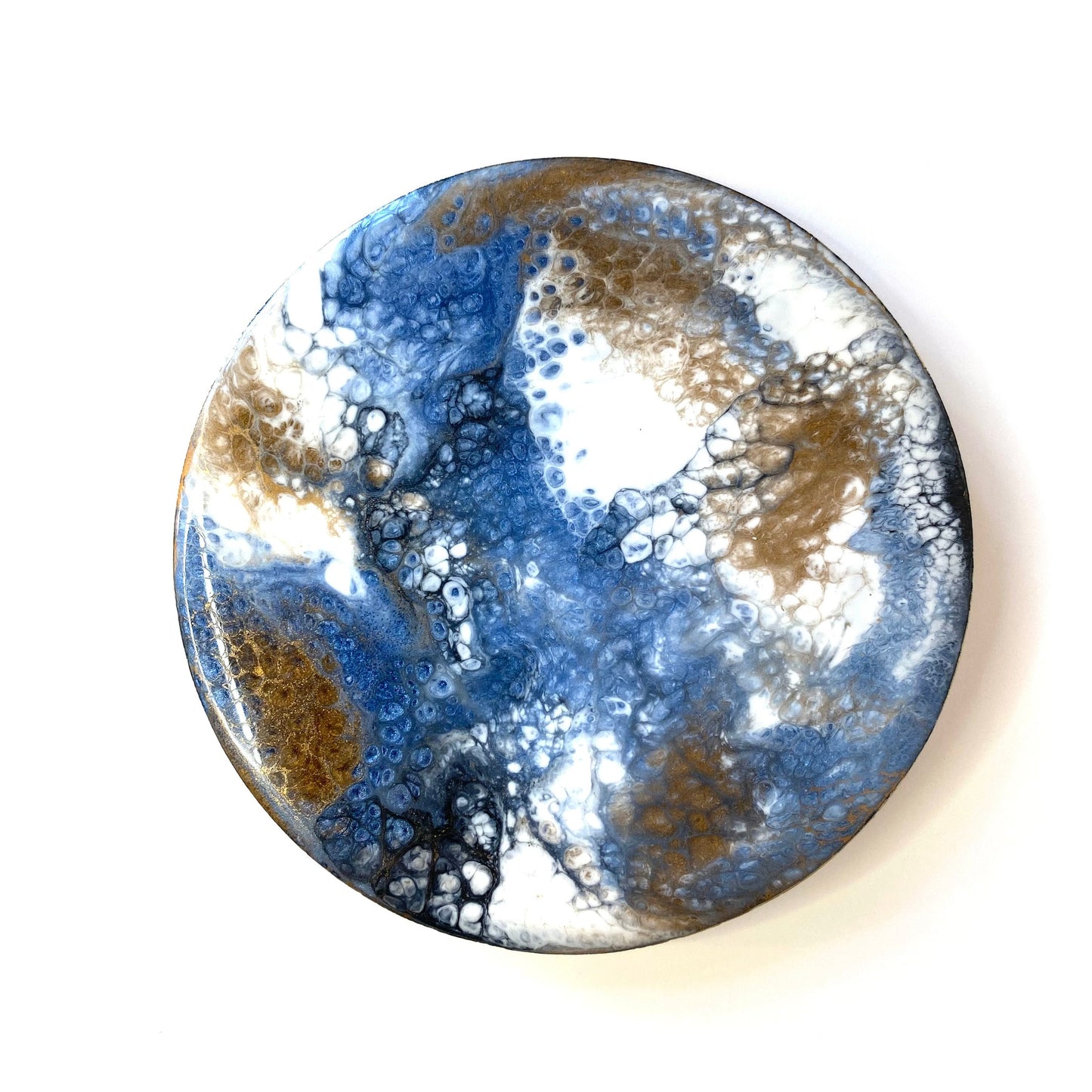 Handmade round slate resin coaster with blue, white, black, and gold epoxy design – each coaster is uniquely crafted and one-of-a-kind
