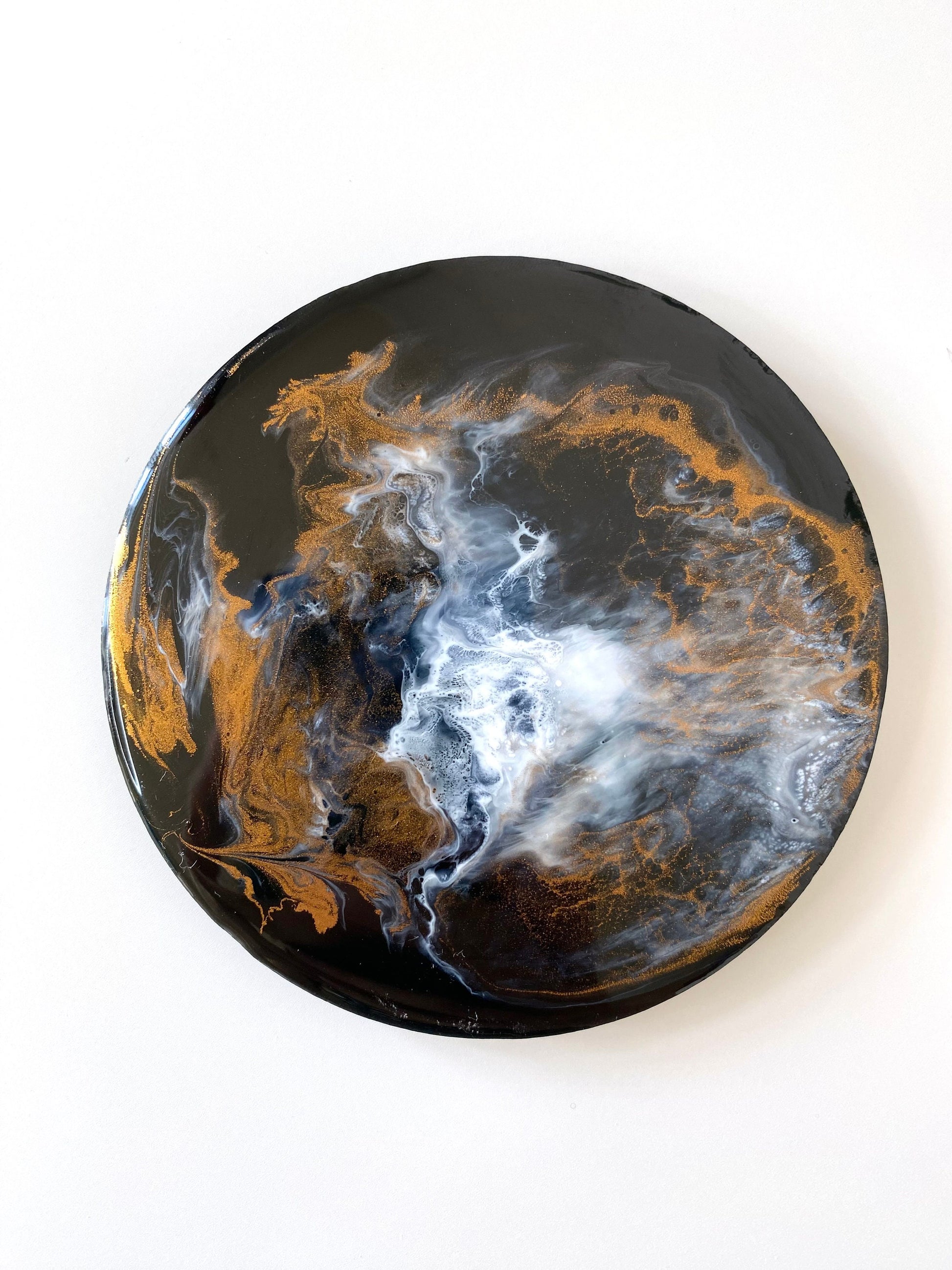 Single round resin and slate coaster in black, white and bronze, handmade abstract design, each coaster unique and one-of-a-kind, decorative coaster for home or gifts