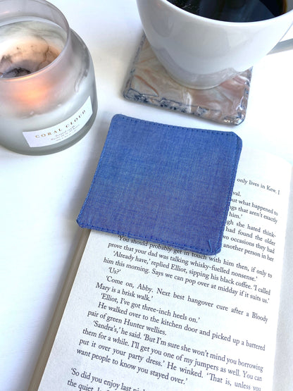 Back view of handmade fabric corner bookmark showing blue denim-style cotton fabric, square shape – lightweight and durable bookmark for book lovers.
