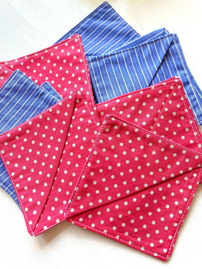 Multiple handmade fabric corner bookmarks in Pink Polka Dots and Blue Stripes designs, displayed together – perfect personalised gifts for book lovers and teachers.