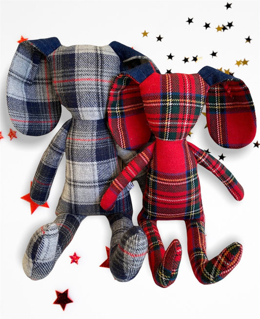 Large red handmade bunny plush, 43 cm, in checkered wool, festive Christmas décor for mantel or under the tree. Grey bunny shown for reference (sold out)