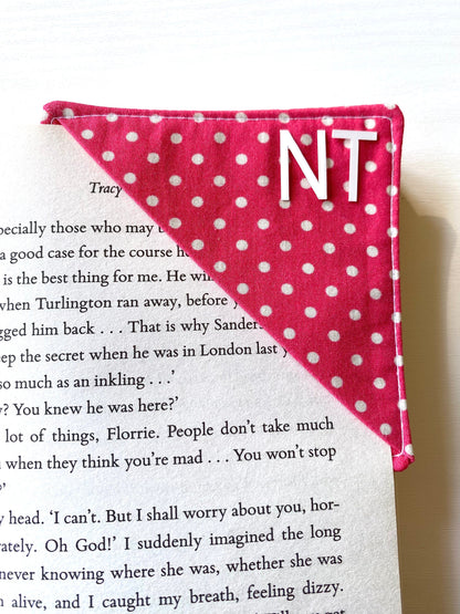 Personalised handmade fabric corner bookmark in Pink Polka Dots design with initials in white vinyl – ideal gift for book lovers, teachers, or reading enthusiasts