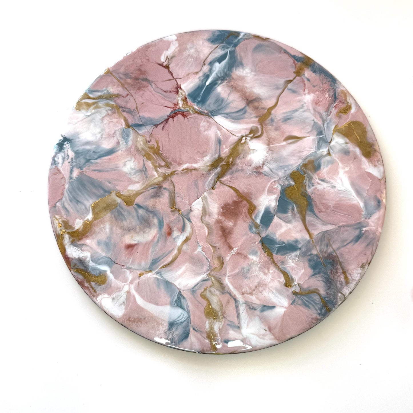 Top-down view of pink and gold marble-style resin tray with slate base, round centrepiece, empty display showing elegant handmade decorative tray for home or serving.