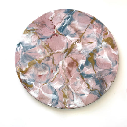 Top-down view of pink and gold marble-style resin tray with slate base, round centrepiece, empty display showing elegant handmade decorative tray for home or serving.