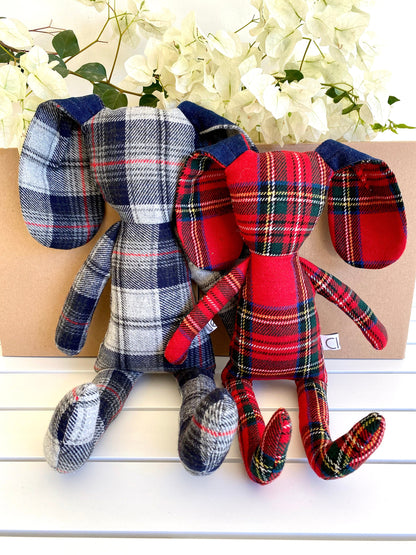 Large Red Handmade Bunny – 43 cm checkered wool plush, displayed with grey bunny for reference (sold out), festive Christmas décor for mantel or under the tree.