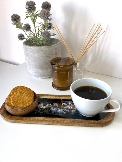 Large handcrafted wooden oval tray with epoxy resin details, featuring a wooden bowl with cookies and a coffee cup – perfect for serving, breakfast, or home décor display.