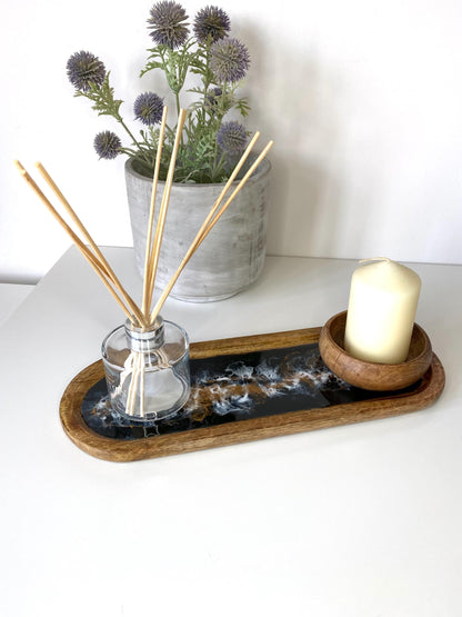 Large handcrafted wooden oval tray with epoxy resin details, featuring a wooden bowl holding a candle and diffuser – stylish home décor for coffee table or vanity display.